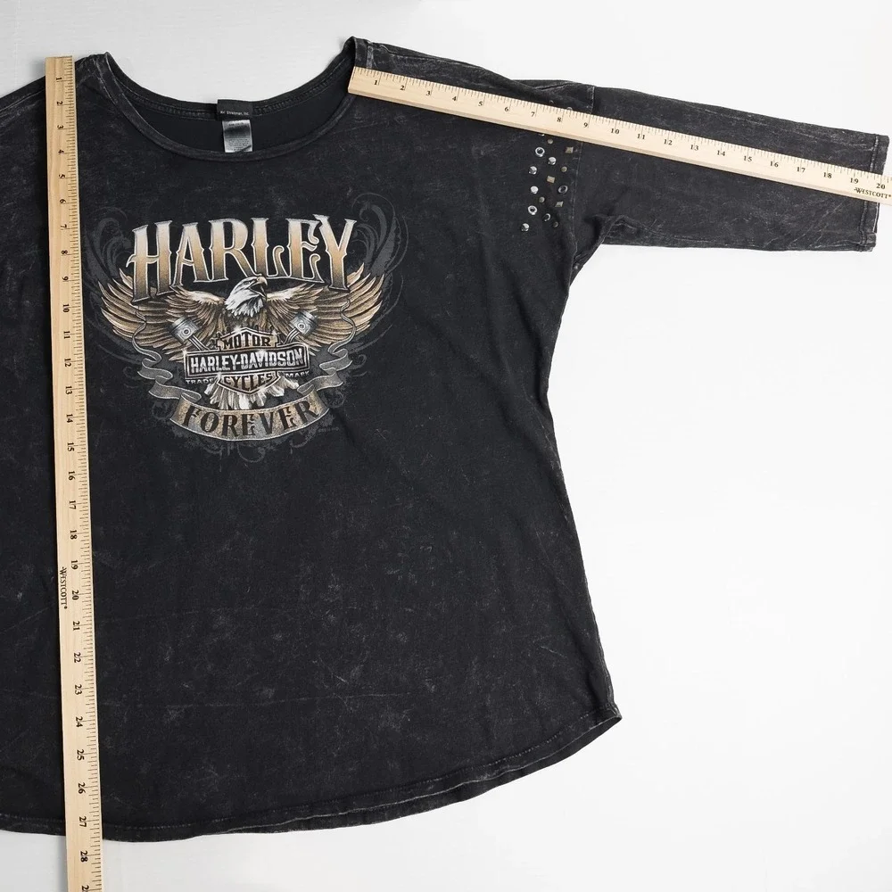 Harley Davidson Womens XL Marquette MI Forever Bald Eagle Studded 3/4 Sleeve Top - Picture 5 of 16